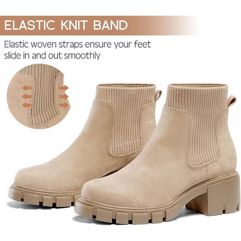 Fitory Womens 8.5 Tan Faux Suede Elastic Ankle Booties Lug Sole Chelsea Boots