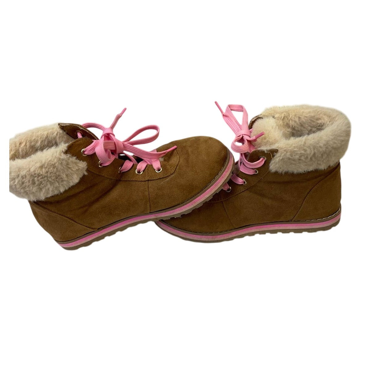 Childrens Place Girls Size 2 Faux Suede Fur Pink Brown Lace Up Fall Winter Boots