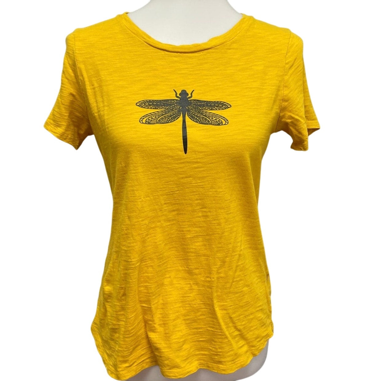 Hand Printed Upcycled Womens Small Dragonfly 100% Cotton Crew Neck Short Slv Tee