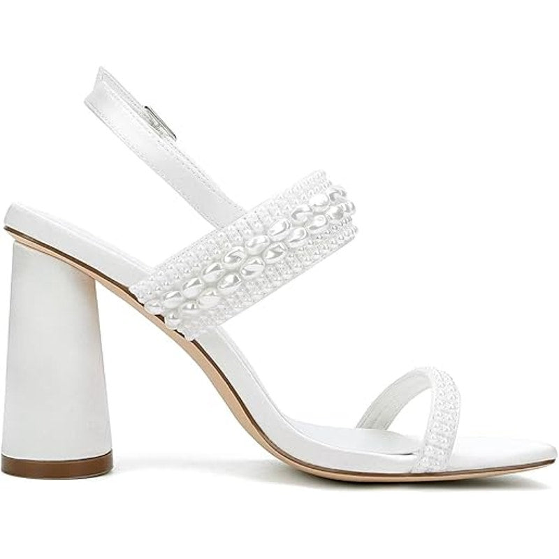 Palscou Womens Size 8.5 White Pearl 3.5" Chunky Heel Open Square Toe Shoes