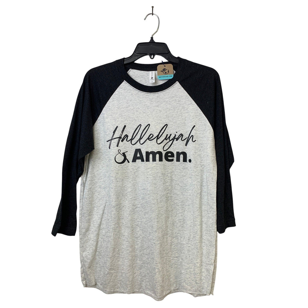 New Hand Printed Mens Medium Hallelujah & Amen Black Gray 3/4 Sleeve Tee Shirt