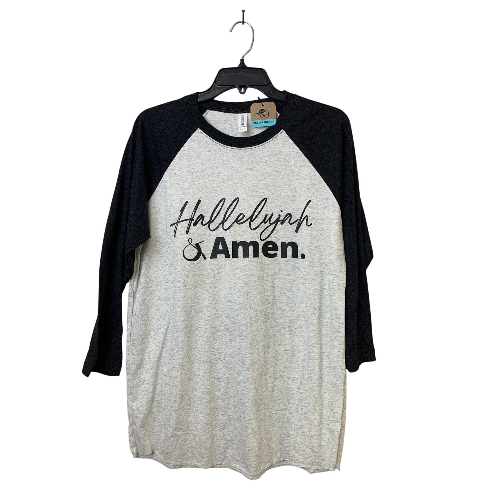 New Hand Printed Mens Medium Hallelujah & Amen Black Gray 3/4 Sleeve Tee Shirt