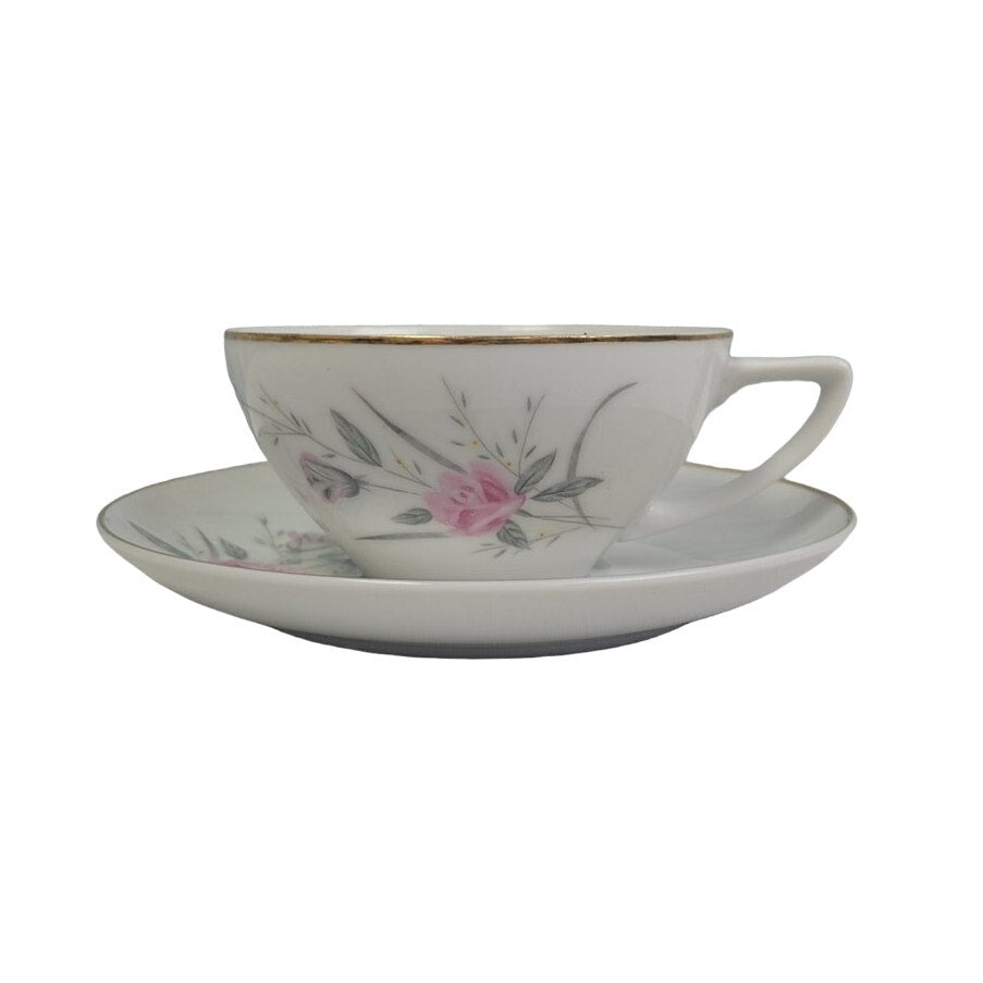 Set of 4 Vintage Golden Rose Flower Gold Rim Fine China Japan Teacups Saucers