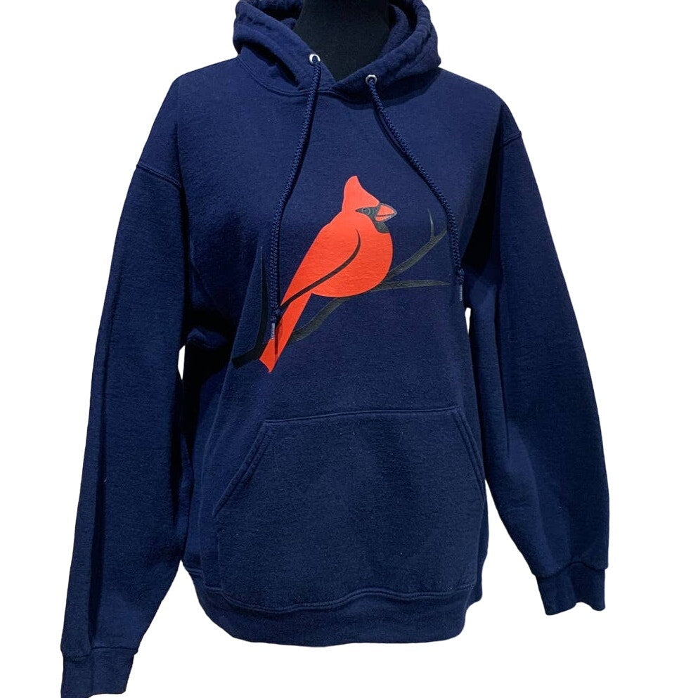 Hand Printed Upcycled Large Red Cardinal Bird PolyCotton Heavy Hoodie Sweatshirt