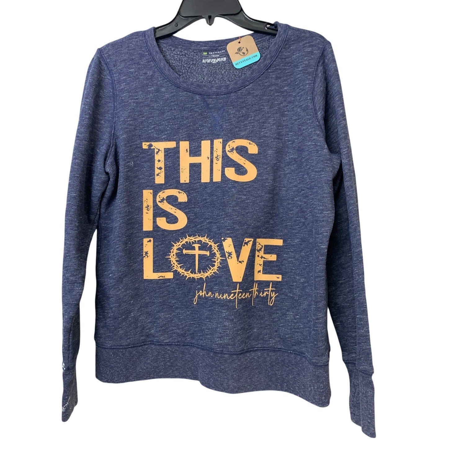 Upcycled Hand Printed Womens Large This is Love John 19:30 Blue Sweatshirt