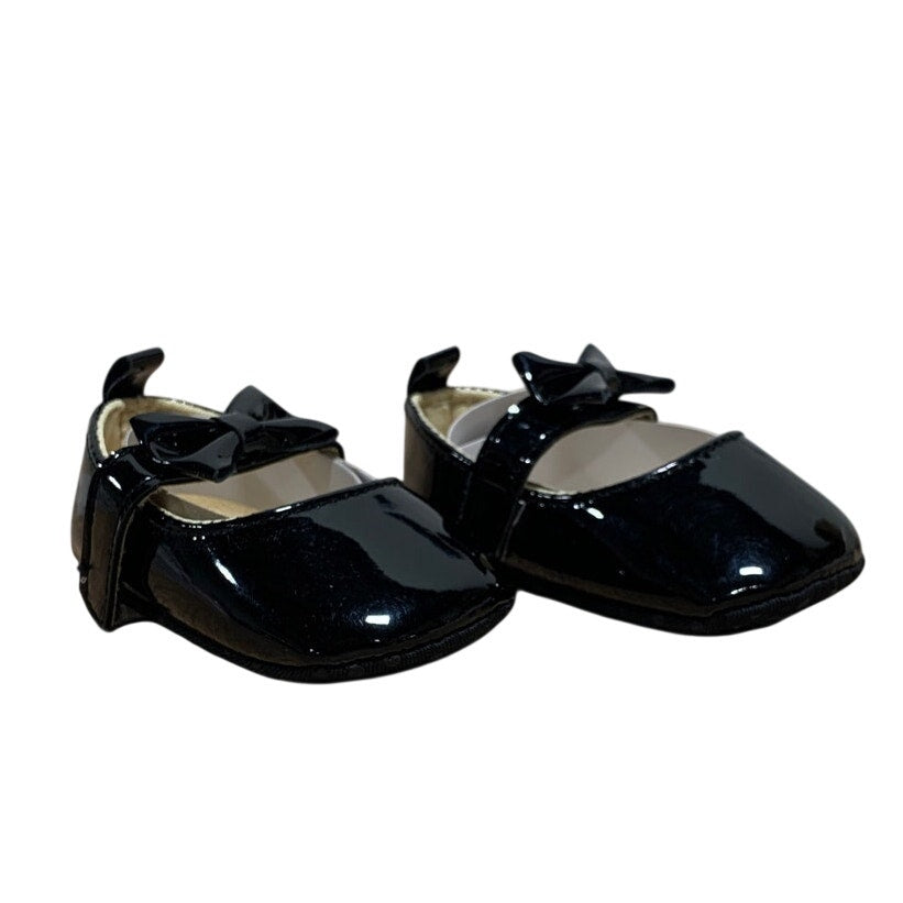 Newborn Baby Girls Size 1 Shiny Black Patent Leather Mary Jane Bow Infant Shoes