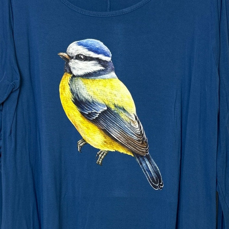 Upcycled Hand Printed Womens 3X Yellow Blue Wild Bird Long Sleeve Tee Shirt