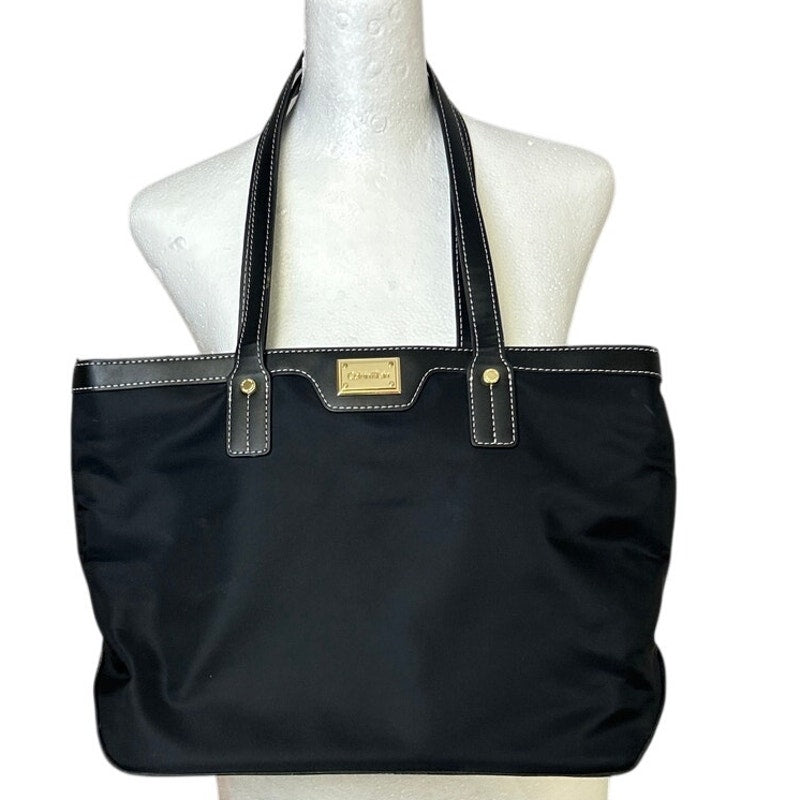 Calvin Klein Womens Black Faux Leather Trim Zipper Close Vinyl Shoulder Hand Bag
