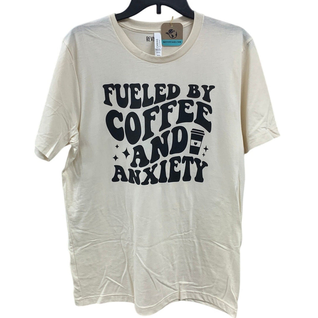 New Hand Printed Womens 4XL Fueled By Coffee And Anxiety Short Sleeve Tee Shirt