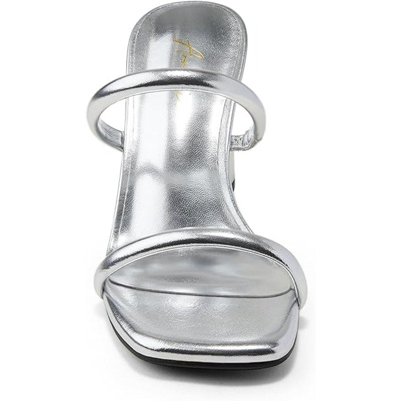 Arromic Womens Size 10 Silver 3.5" Chunky Heel Square Open Toe Slip On Shoes