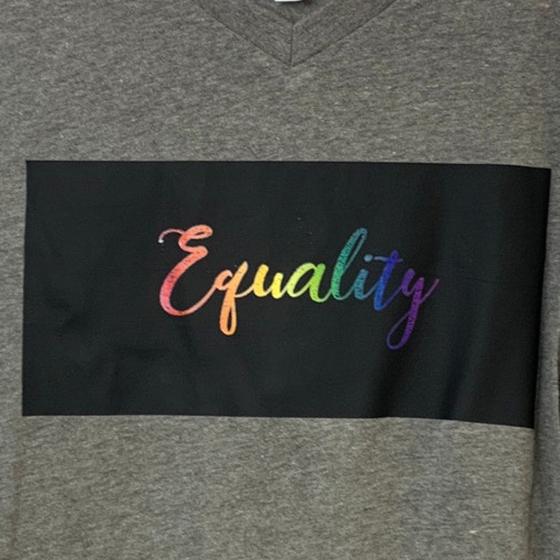 New Upcycled Hand Printed Womens Small Rainbow Equality Pride V-Neck Tee Shirt