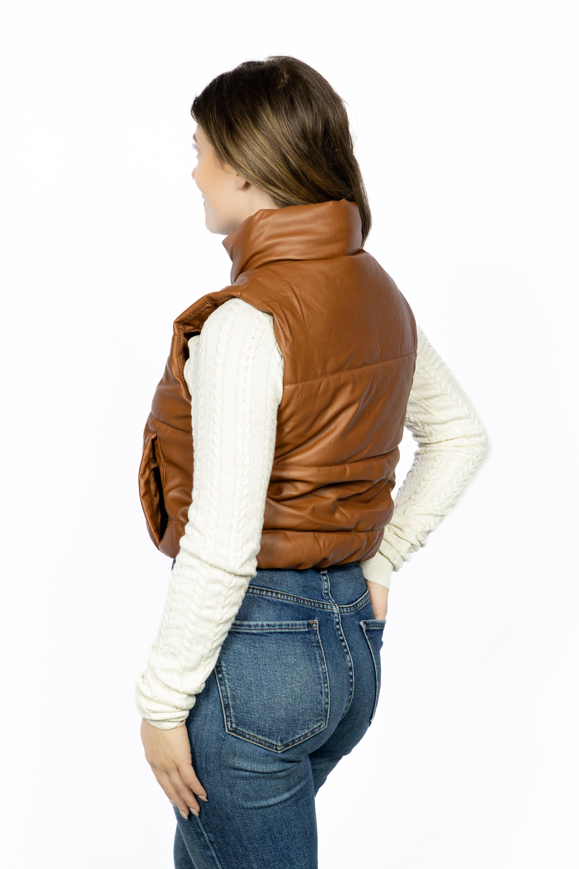 Faux Leather Zip Up Puffer Vest
