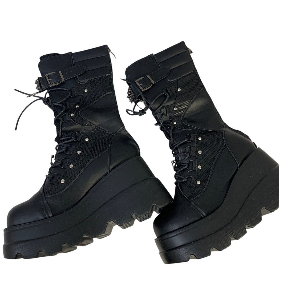 Tscoyuki Women Size 7 Black 3.5" Platform Lace Up Goth Wedge Mid Calf Boot Shoes
