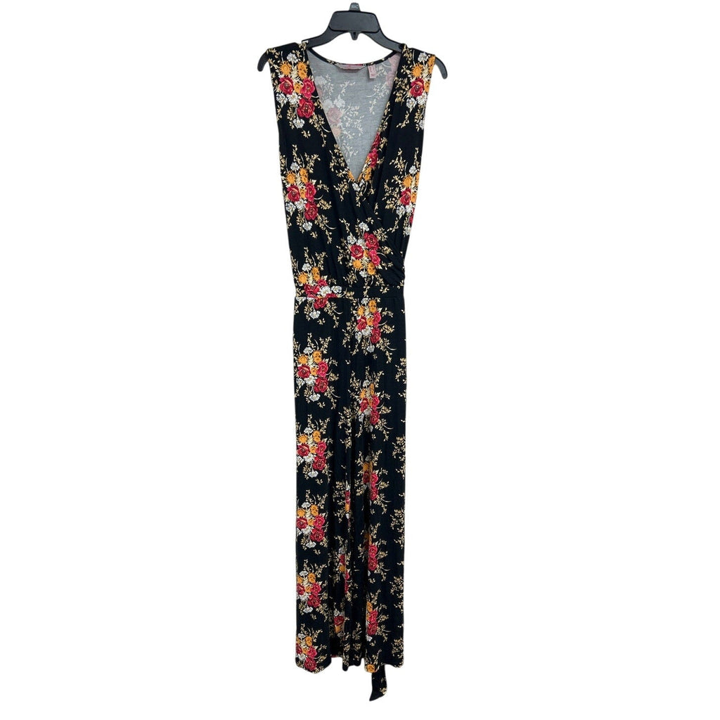Laurie Felt Womens Medium Black Deep V Floral Sleeveless Jumpsuit w Tie Belt