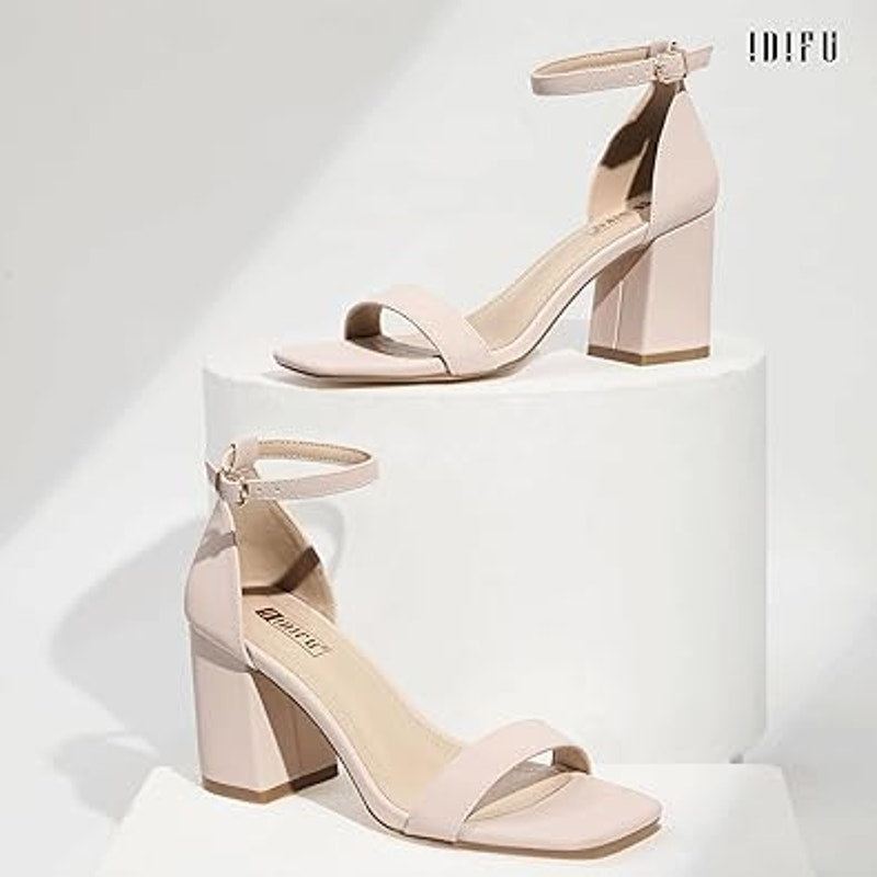 Idifu Womens Size 8 Pinky Tan Open Toe 3" Block Heel Ankle Strap Sandal Shoes