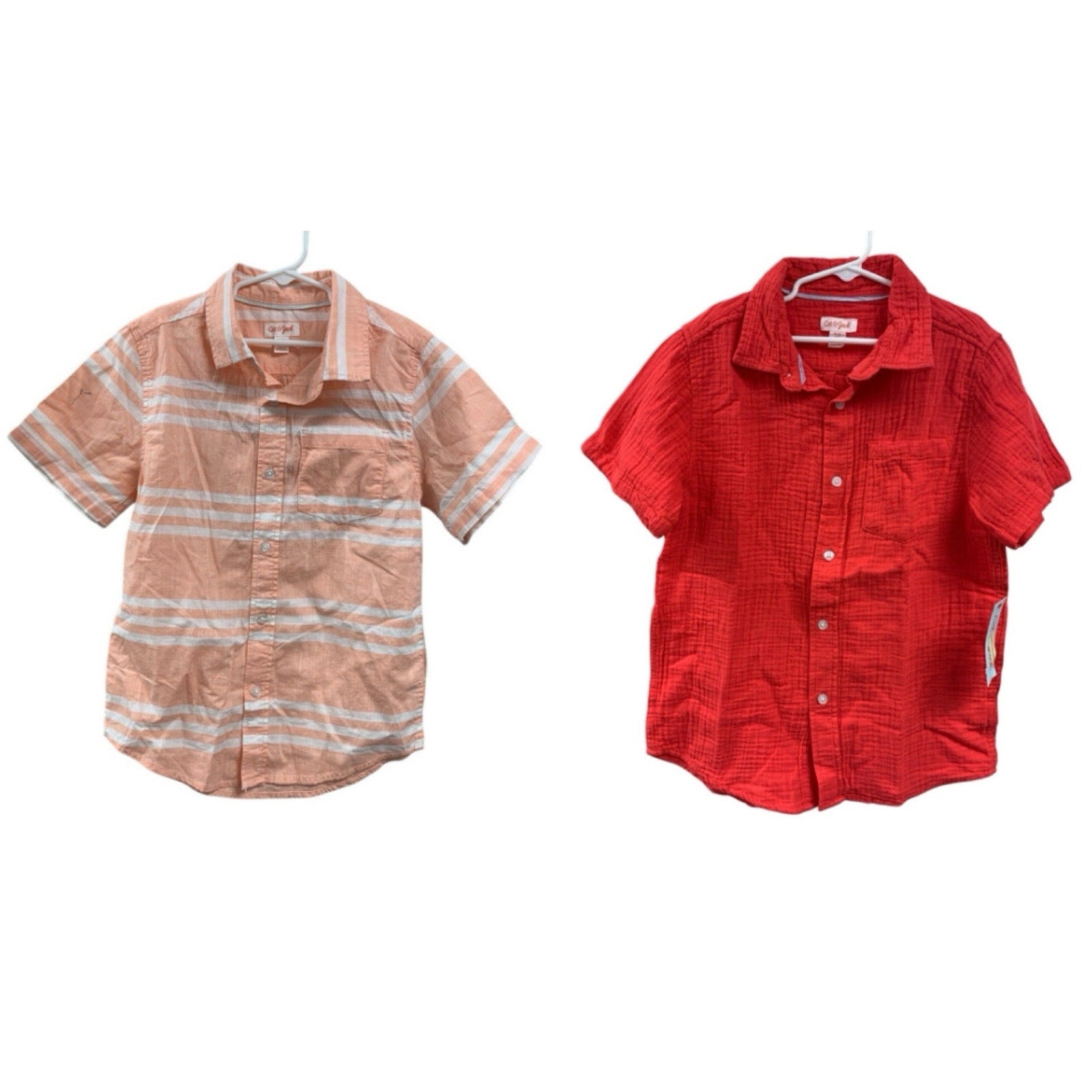 2 New Cat & Jack Boys Medium (8) Short Sleeve Striped Melon Button Up Shirts