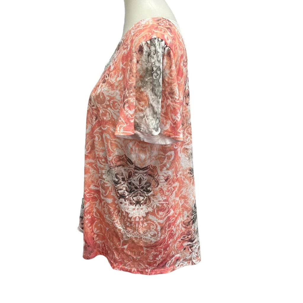 Time & Tru Womens Large Rhinestone Lace Scrollwork Short Sleeve Polyester Tee