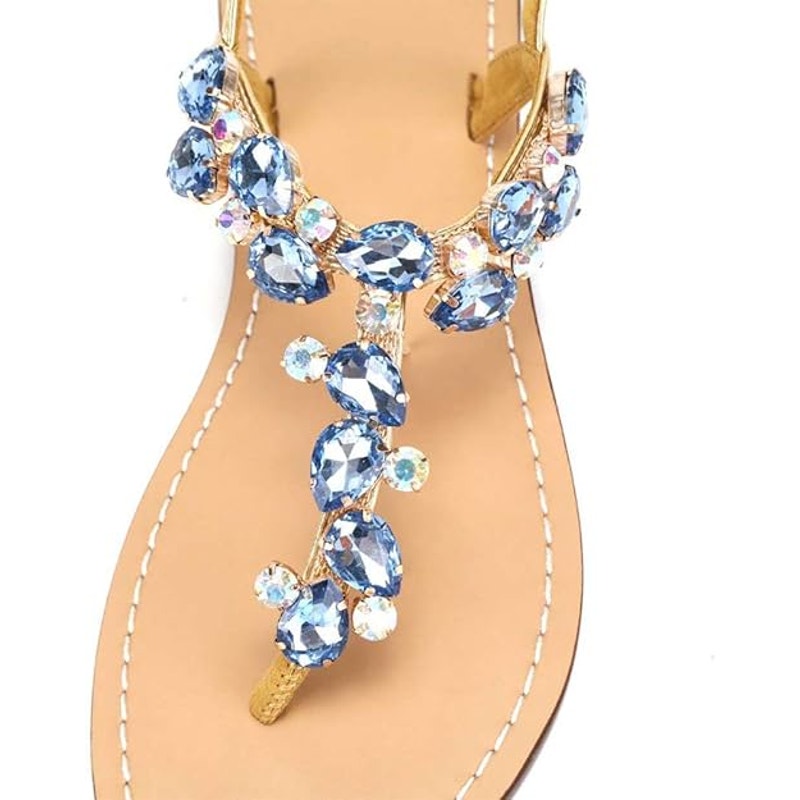 Aijivou Womens Size 8.5 Blue Rhinestone Sandals Flip Flop Open Round Toe Shoes
