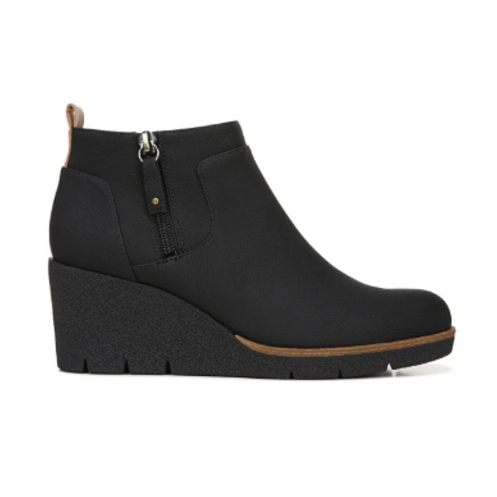 New In Box Dr Scholls Womens Size 7 Black Faux Leather Bianca Wedge Bootie Shoes