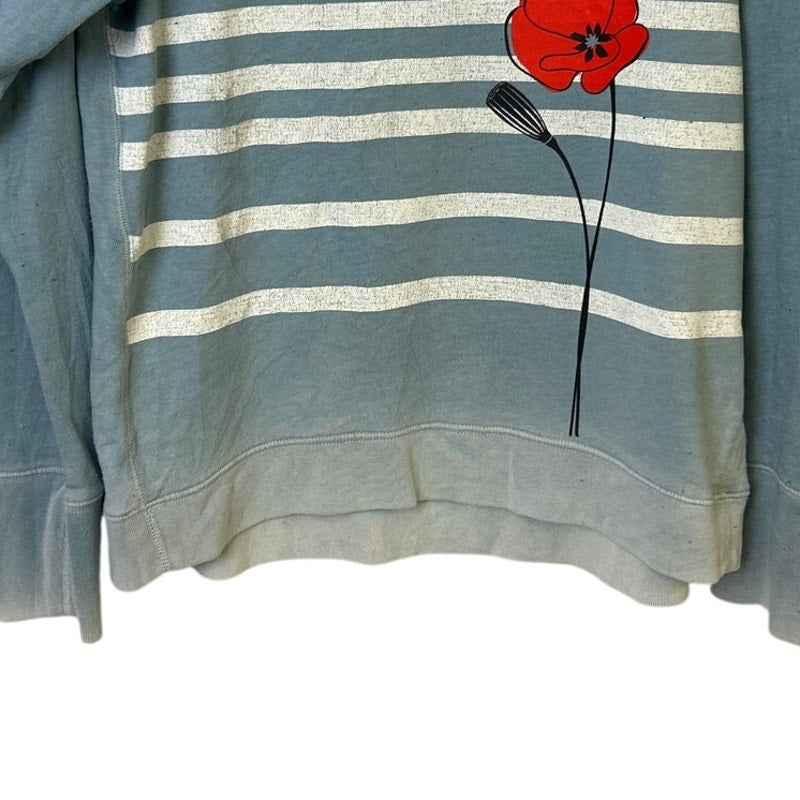 Upcycled Hand Printed Womens Small Red Poppy Flower Striped Sweatshirt