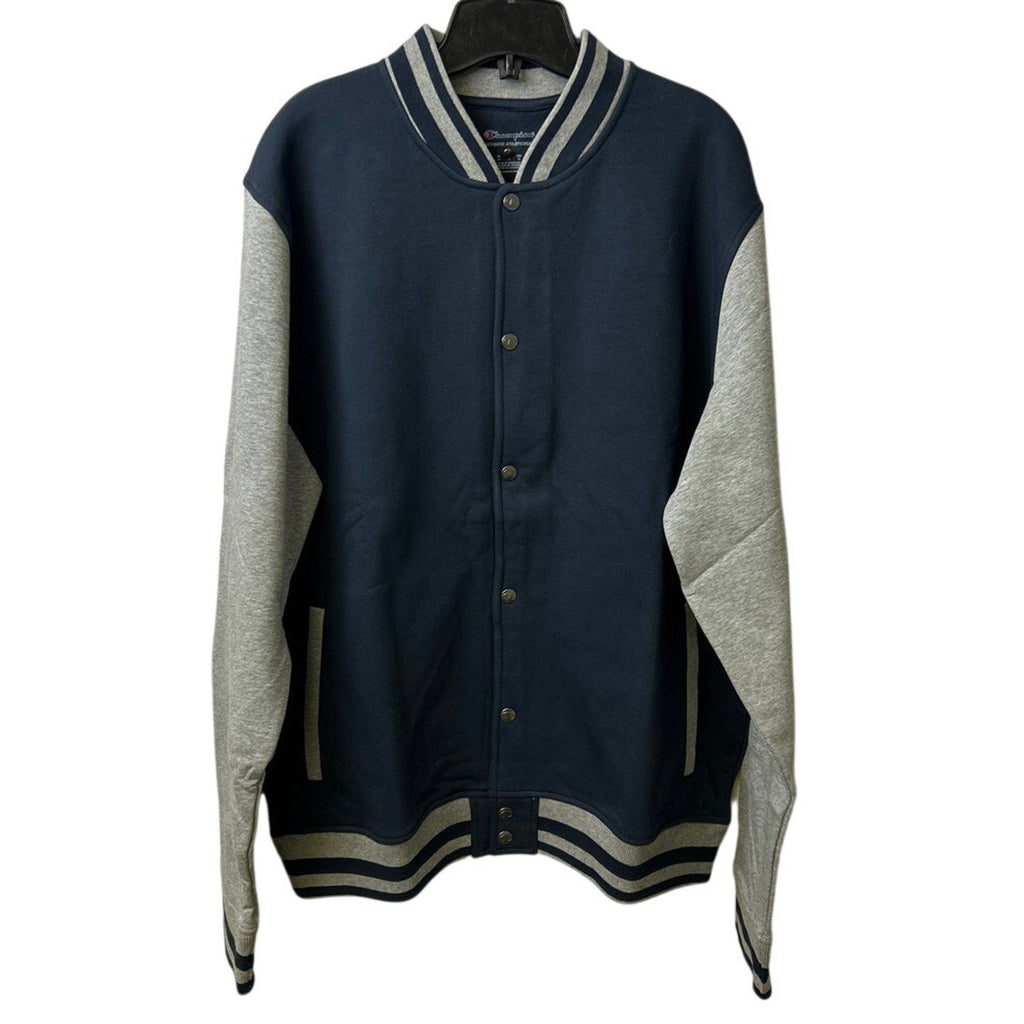 New Champion Mens Large Navy Gray Snap Up PolyCotton Athletic Wear Bomber Jacket