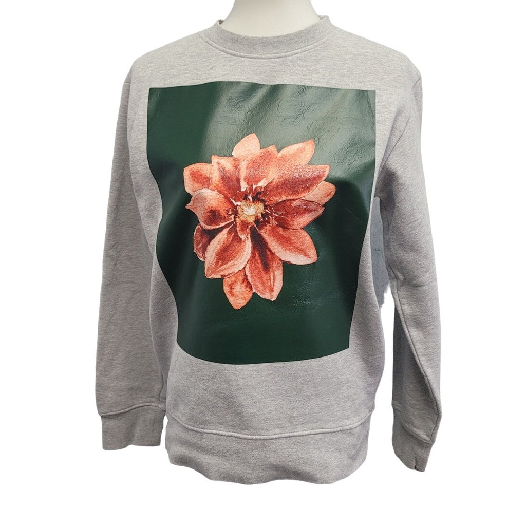 Hand Printed Upcycled Womens Medium Christmas Poinsettia Long Sleeve Sweatshirt