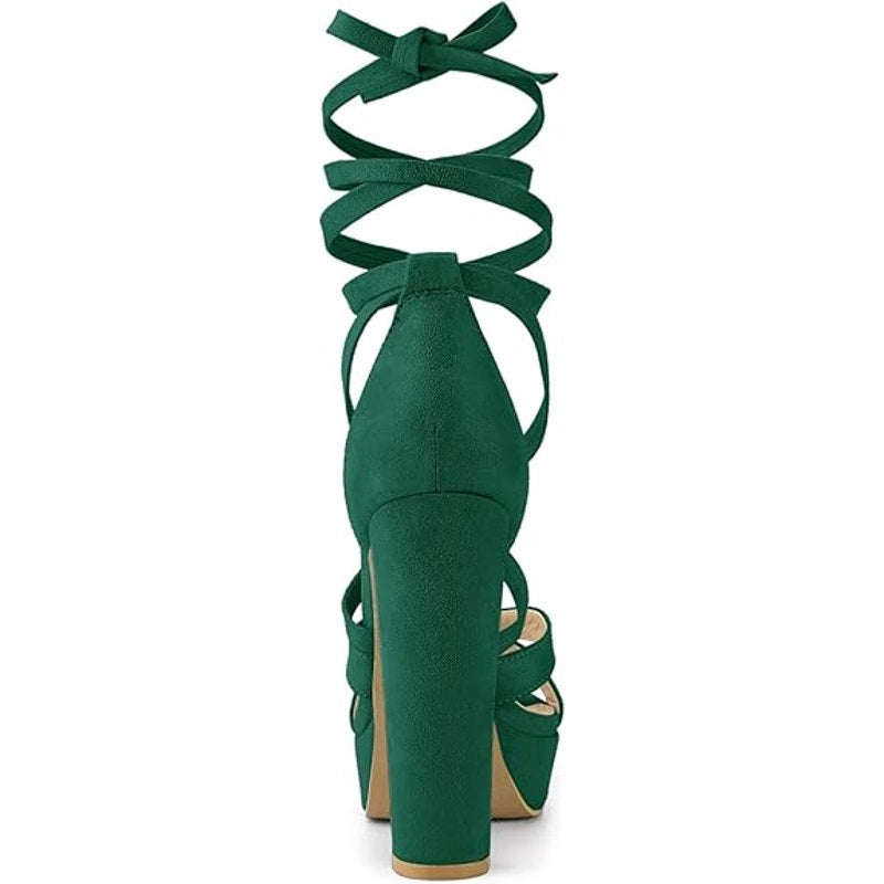 Allegra K Womens Size 8 Green 5.25" Heels Open Round Toe Lace Up Ankle Shoes