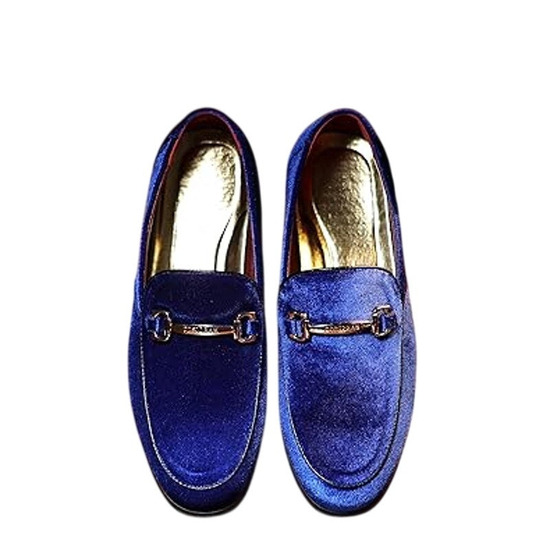 Cosidram Mens Size 15 Blue Velvet Gold Accent Slide On Low Heel Loafers Shoes