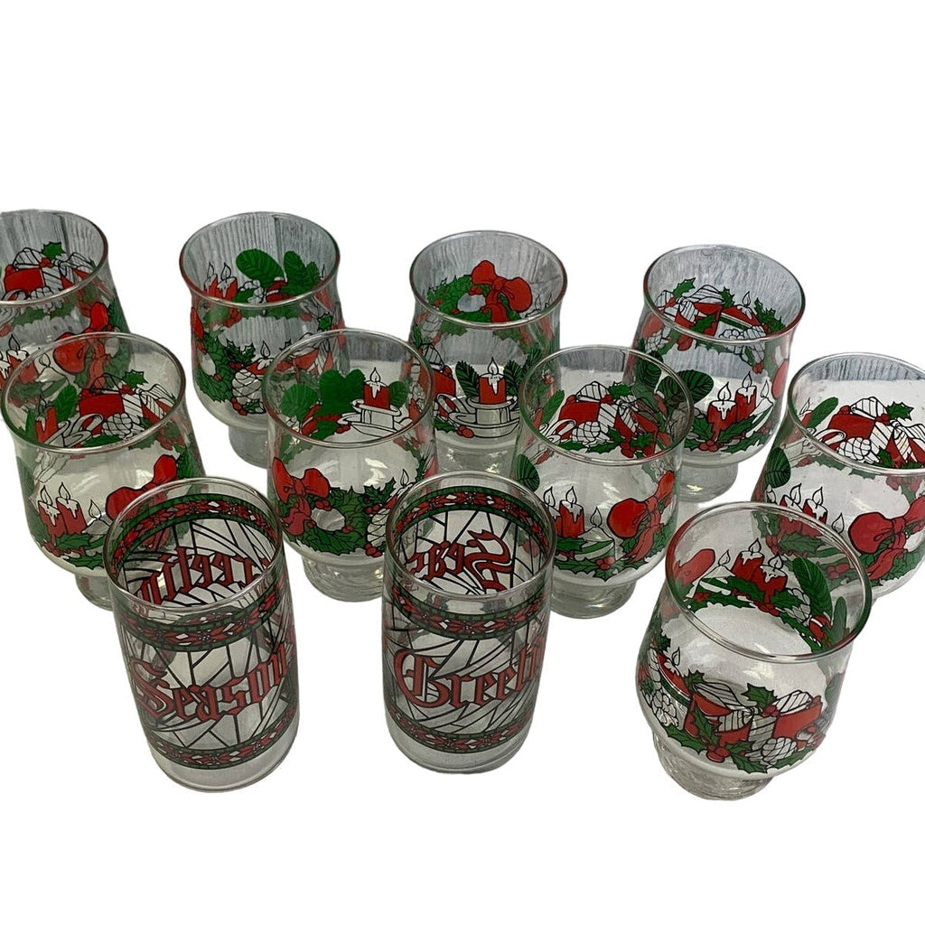 Lot of 11 Vintage Footed Christmas Wreath Candle Seasons Greetings Drink Glasses