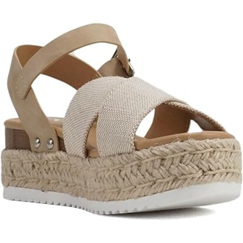 Soda Womens 8.5 FIRELY Tan Canvas Open Toe Ankle Strap 2.25" Platform Sandals