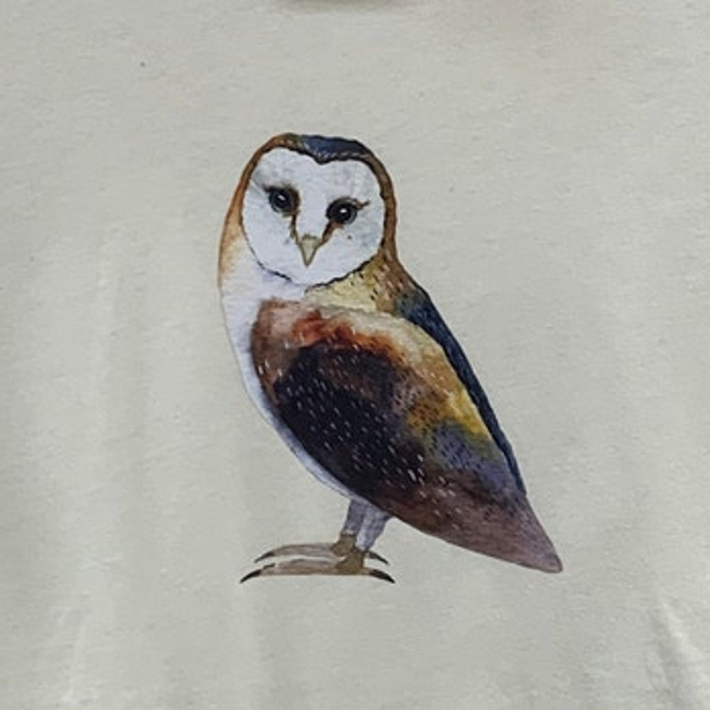 New Hand Printed Womens XS Ivory Woodland Owl Bird Short Sleeve Tee Shirt