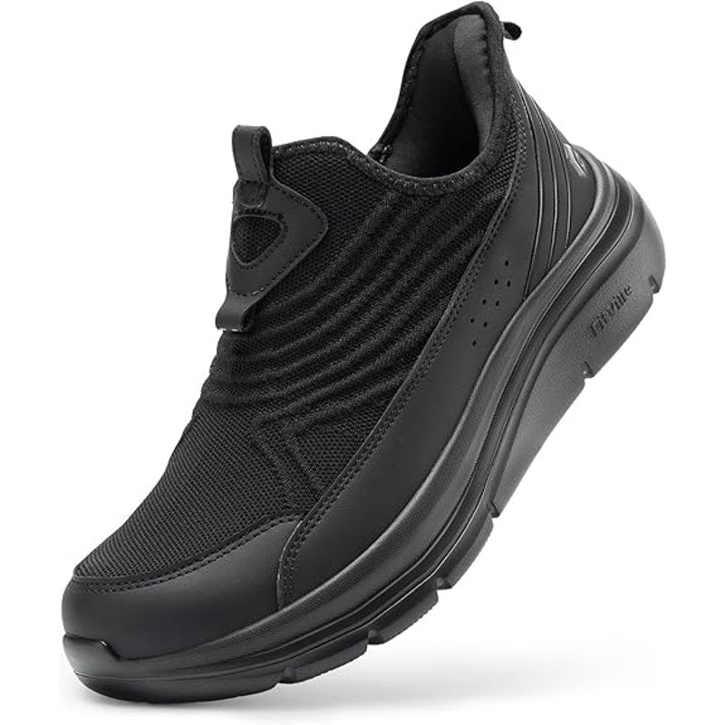 FitVille Mens 13W Wide Black Mesh Slip On Breathable Hands Free Walking Shoes