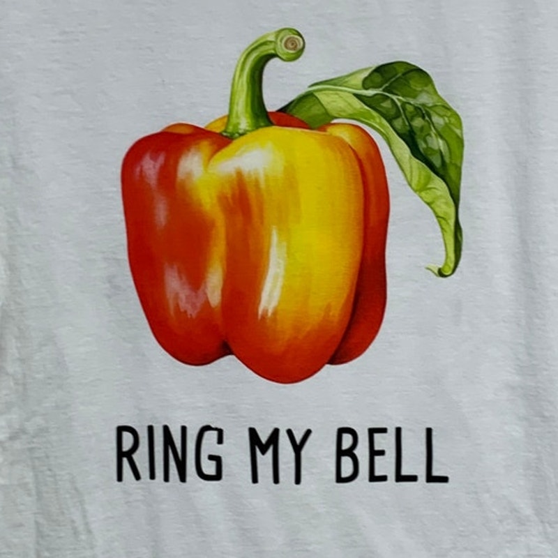 New Hand Printed Adult Large Ring My Bell Pepper Veggie Short Sleeve Tee Shirt