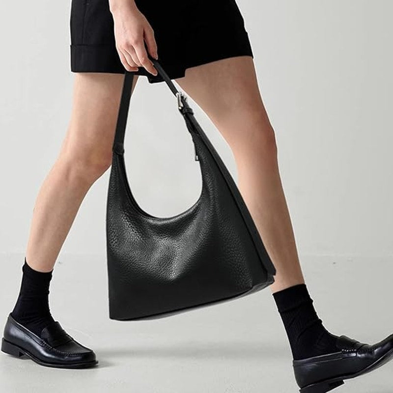 Kalidi Womens Black Faux Leather Adjustable Strap Zipper Close Crescent Tote Bag