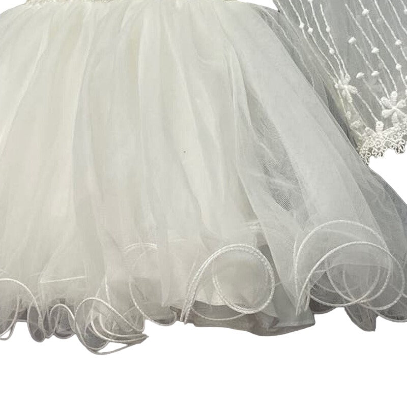 Girls Size 6 Long Sheer Sleeve Embroidered Pearls Flower Girl Wedding Dress