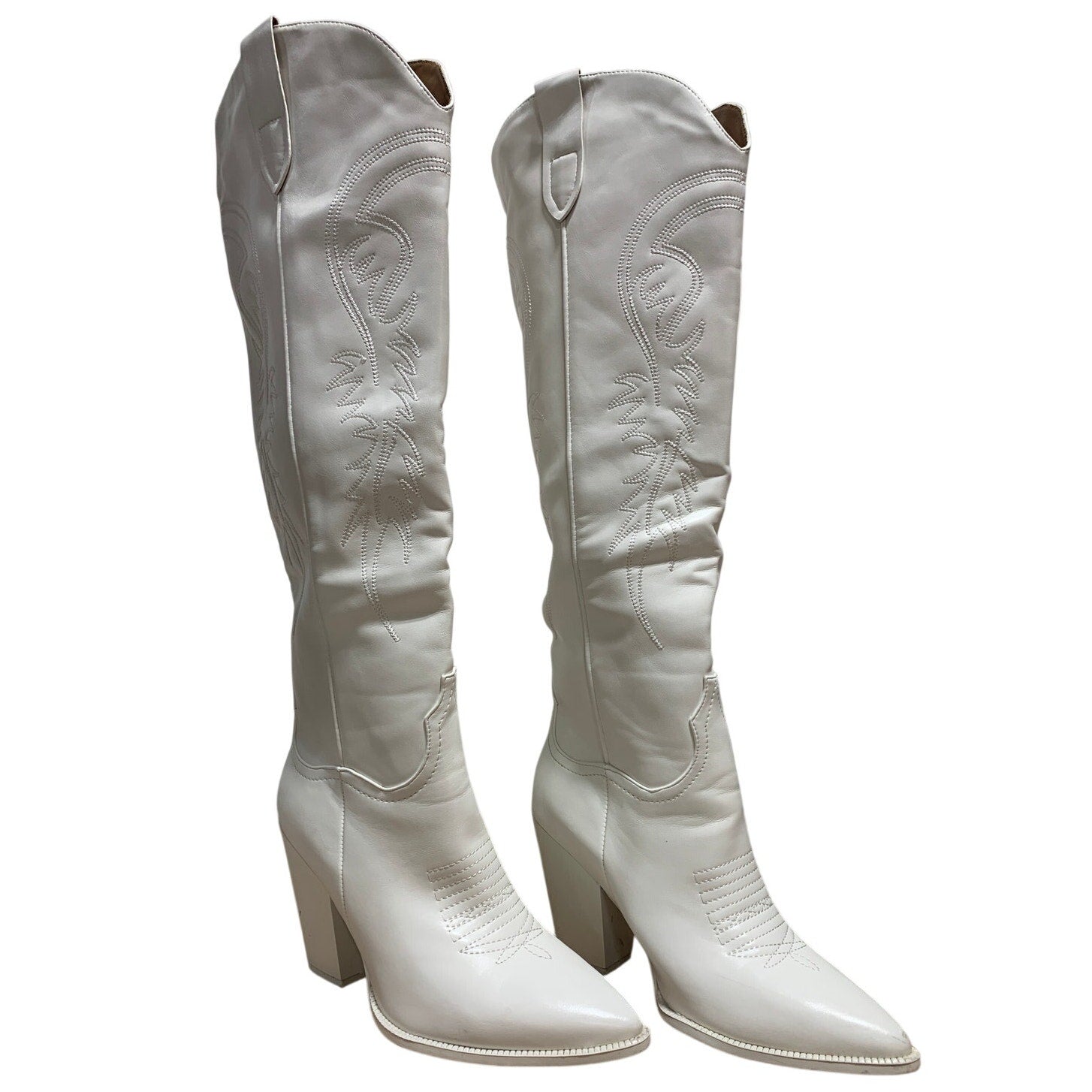 Isnom Womens Size 9 White Faux Leather 4" Heel Knee High Cowboy Western Boots