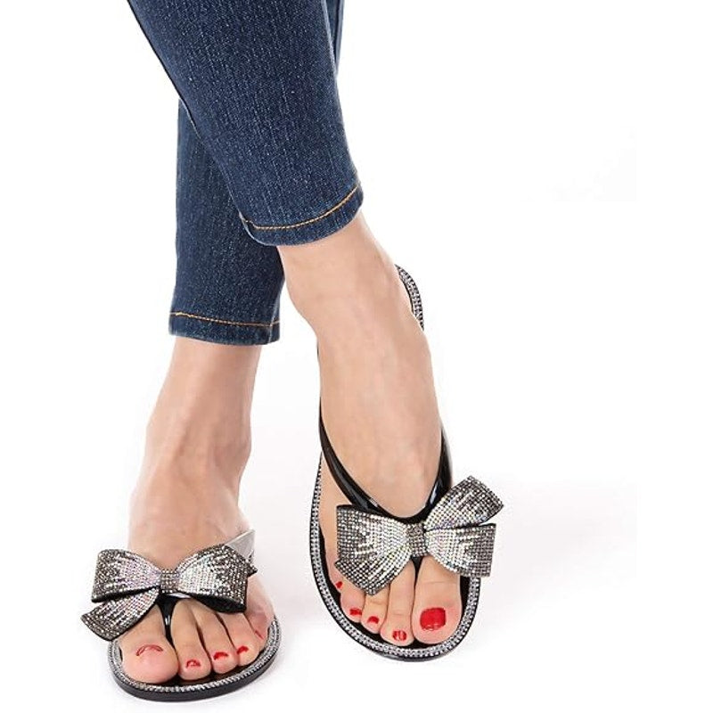 Mtzyoa Women Size 10 Black Rhinestone Flip Flops Open Round Toe Sandal Shoes