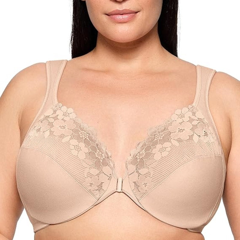 New Glamorise Womens Size 38DD Unlined Underwire Floral Lace Front Closure Bra