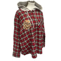 New Hand Printed Womens Medium Rustic Pine Cone Long Sleeve Plaid Flannel Hoodie