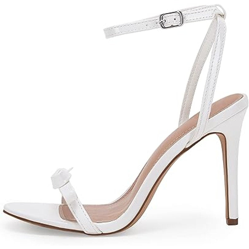 PiePieBuy Womens 7.5 White Bowknot Open Toe 4" Heel Ankle Strap Sandal Shoes
