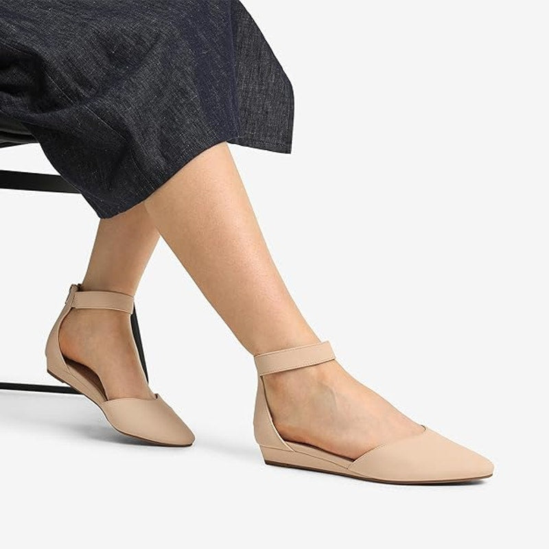 Dream Pairs Womens Size 8 Tan 1" Wedge Flats Ankle Strap Pointed Toe Shoes