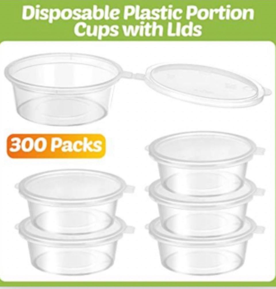 Open Box Didaey 300 Pcs 2 oz Plastic Dressing Containers Clear Portion Cups Small Condiment Containers with Lids Hinged Airtight Souffle Cups Disposab
