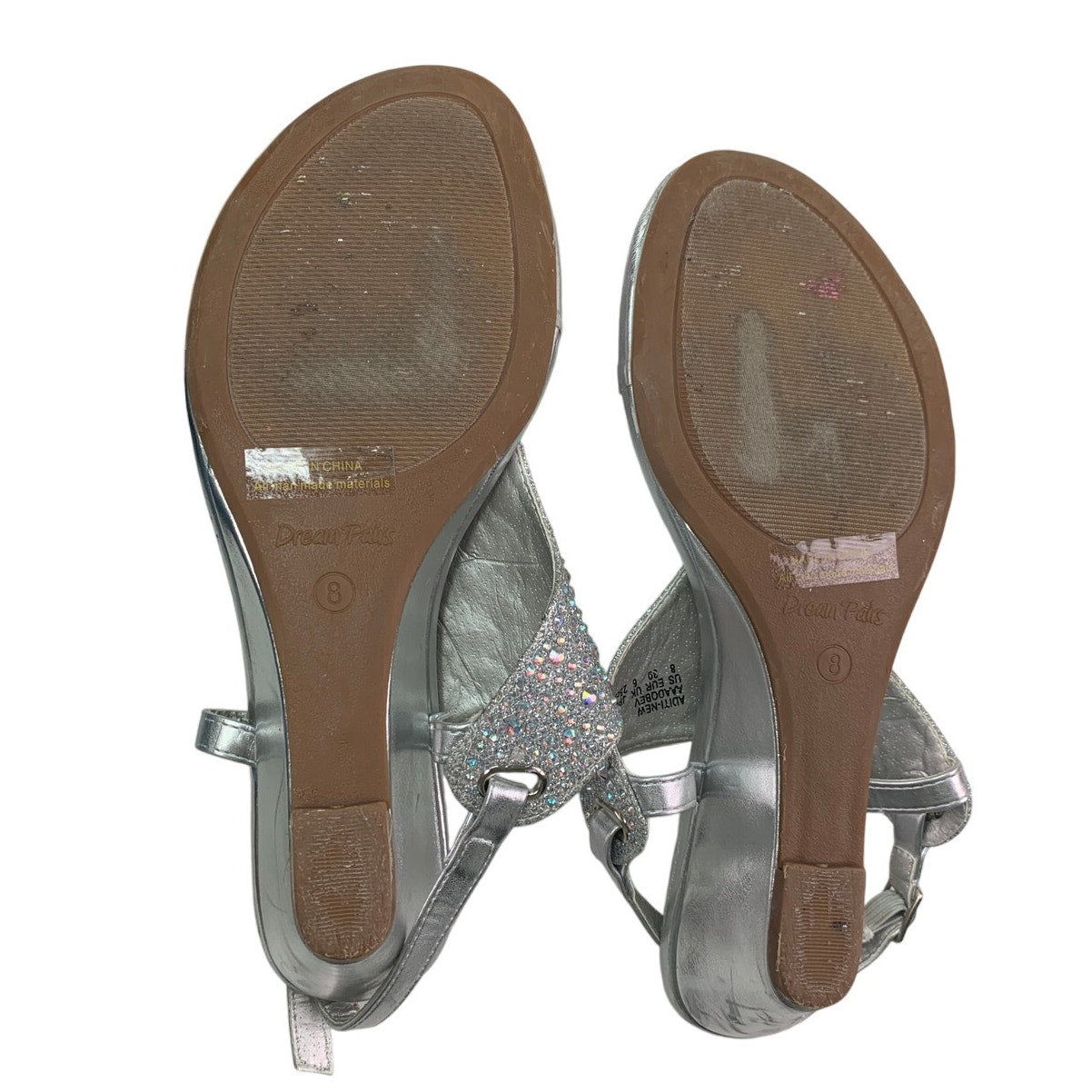 Dream Pairs Womens 8 Silver 2" Heel Sandal Rhinestone T Strap Open Toe Shoes