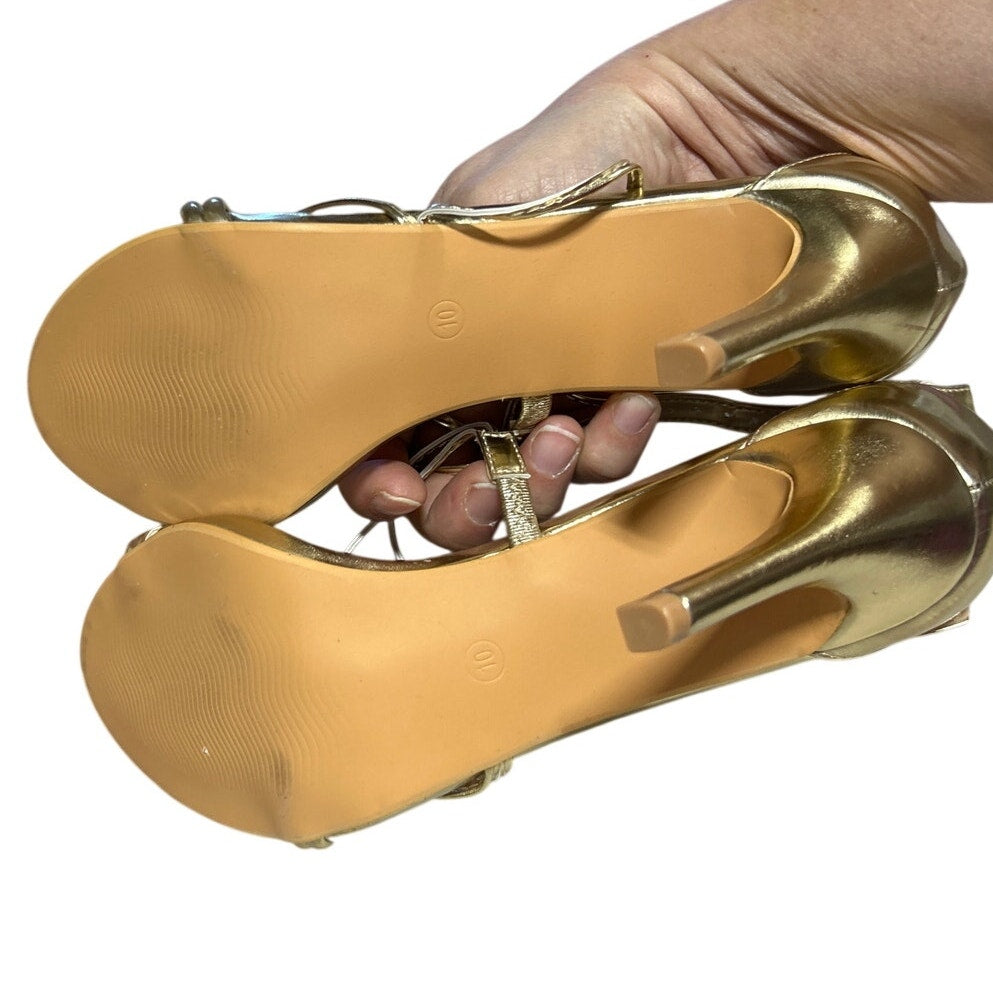 Allegra K Womens Size 10 Shiny Gold Strappy 4" Stiletto Heel Sandal Shoes