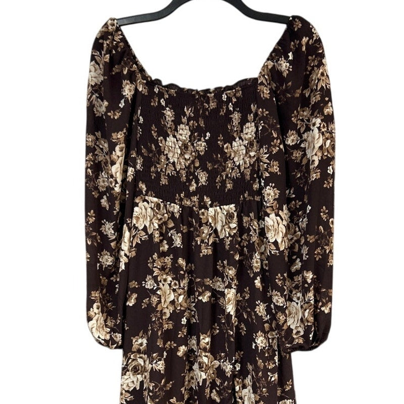 New Francescas Womens XS Brown Tan Floral Hi Low Smocked Boho Cottage Dress