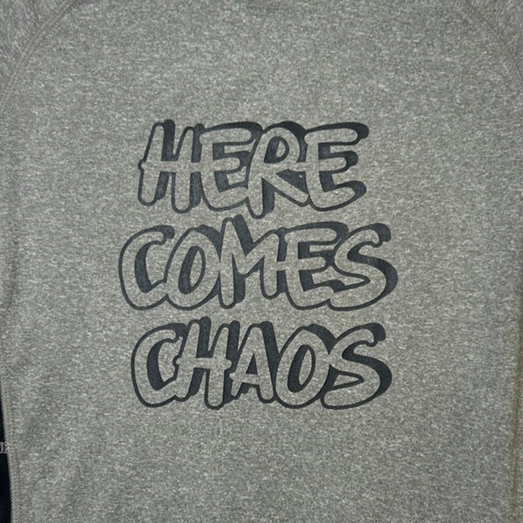 New Hand Printed Boys Medium Heathered Here Comes Chaos Short Sleeve Tee Shirt