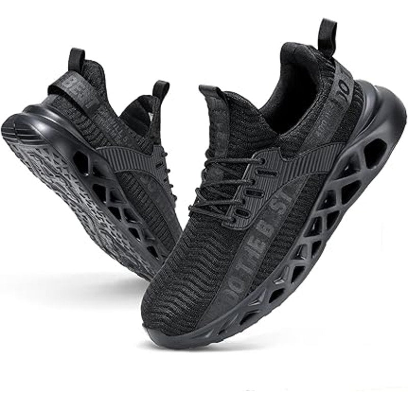 Furuian Mens Size 8.5 Wide Black Work Shoes Lace Up Round Steel Toe Shoes