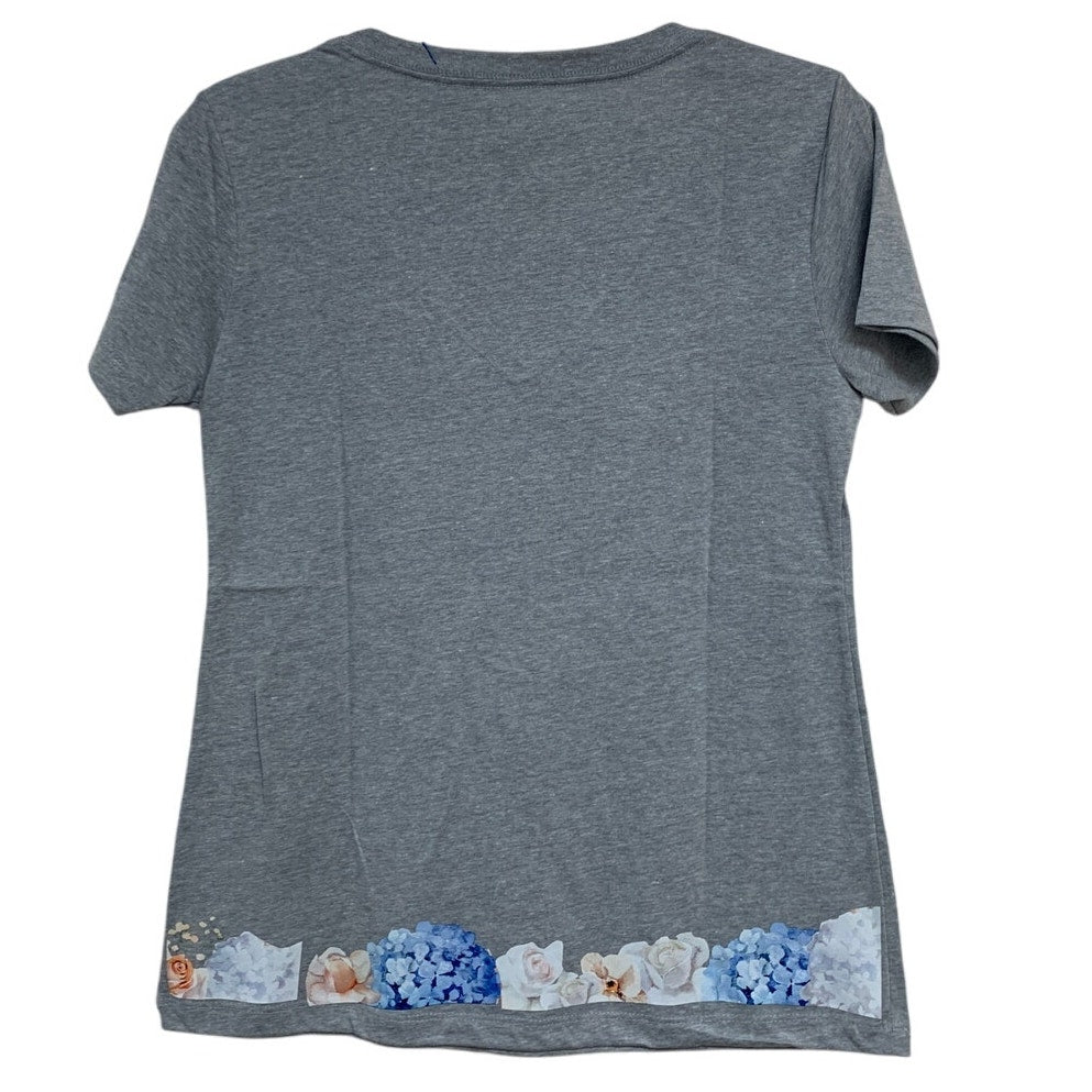 New Hand Printed Large Heathered Gray Floral Wrap Around Short Sleeve Tee Shirt