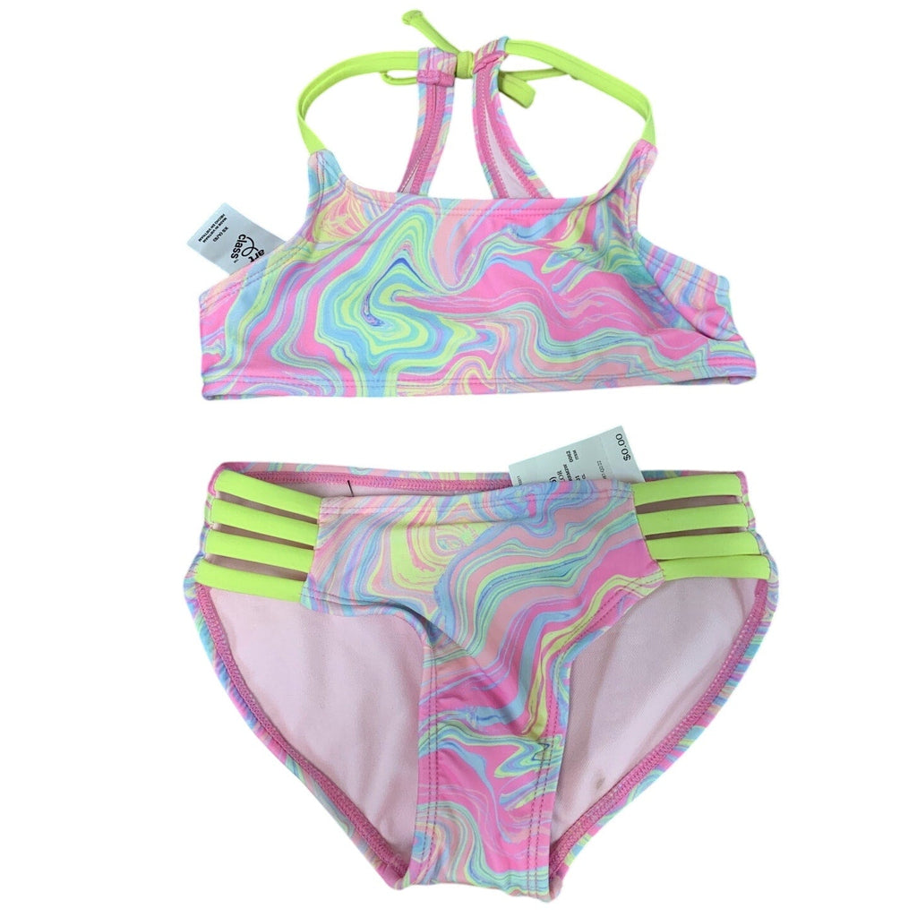 New Art Class Girls XS (4/5) UPF 50+ Pastels on Pink Swirl Bikini 2PC Swimsuit