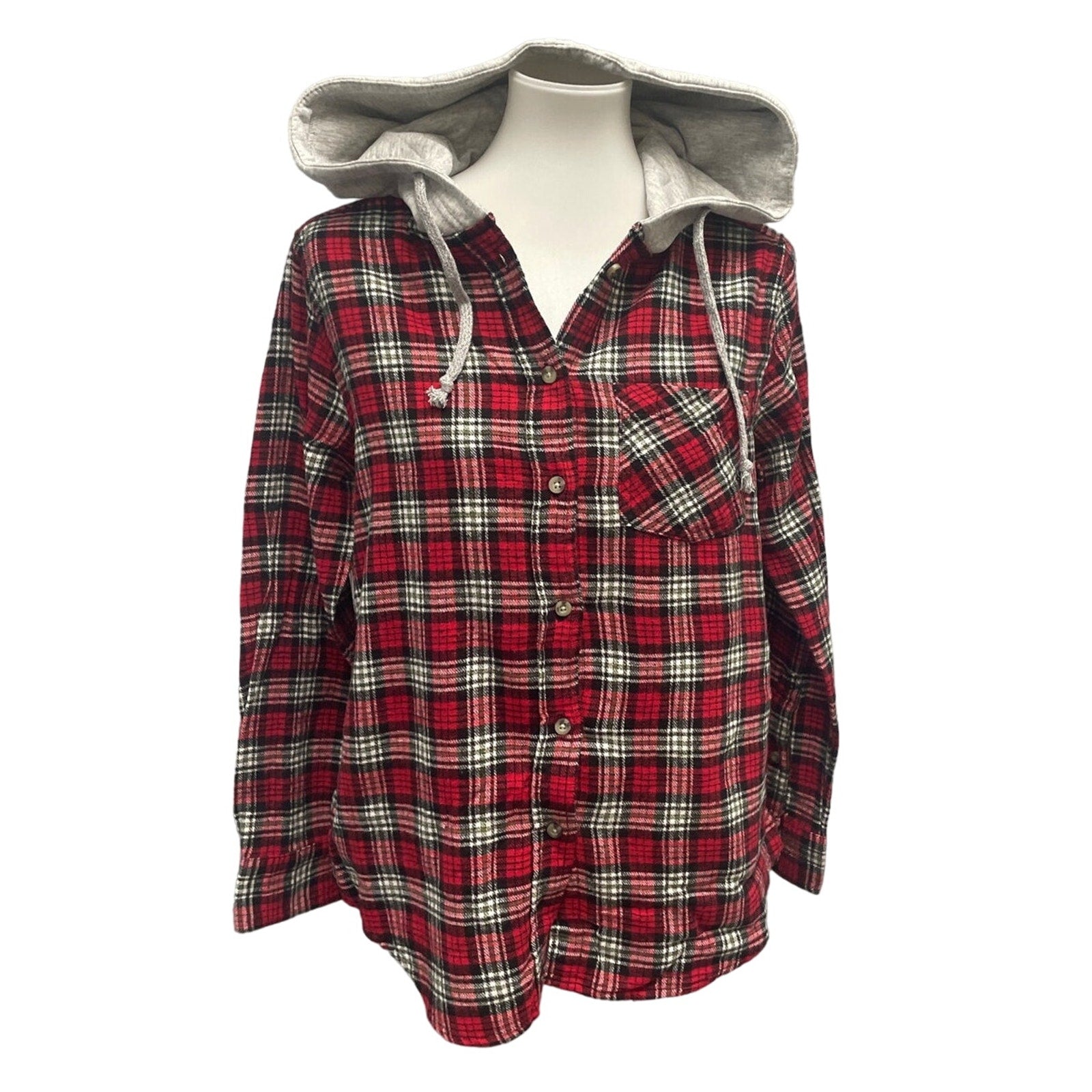 New Time and Tru Womens XXL Long Sleeve Plaid Flannel Cotton Blend Hoodie